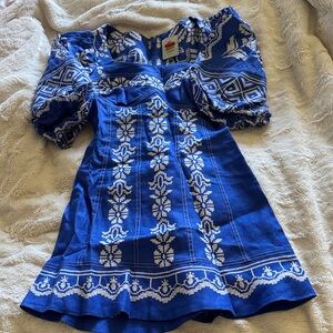 FARM Rio Blue and White Embroidered Dress
